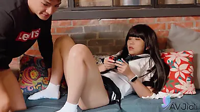 Brunette Chinese teen Jiu Jiu meets a man for intimate encounter