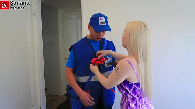 Blonde Bimbo Seduces Asian Mailman for Creampie